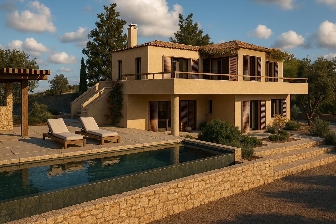 Infinity pool above olive terraces