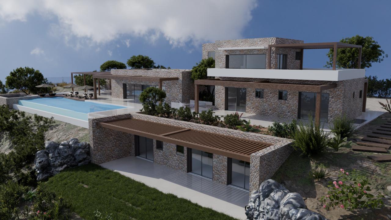 Villa X stone facade and stepped terraces